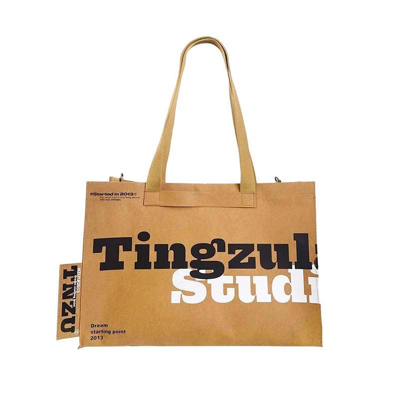 Washable Kraft Paper Tote Bag With Pocket